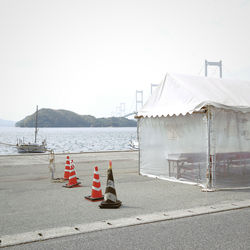 Outdoor food eating space by sea against the sky in thefishing town.