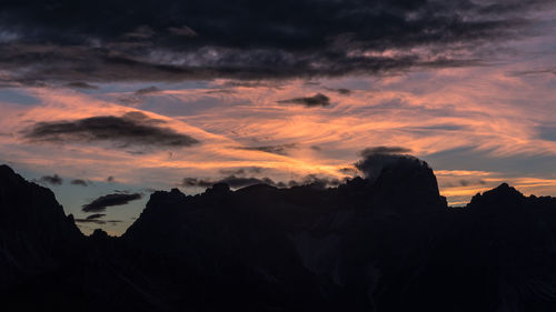 Scenic view of silhouette mountains against sky at sunset