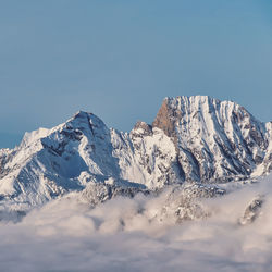 Scenic view of snowcapped mountains against clear blue sky