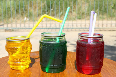 Close-up of drink in jar on table