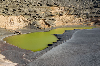 High angle view of lake by mountains