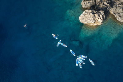 Group of people kayaking and swimming in the sea near a white rocky coastline.