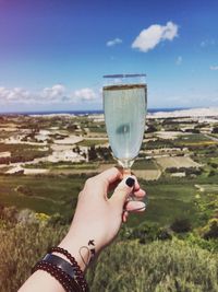 Cropped hand of woman holding champagne flute against landscape