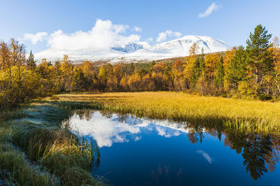 Autumn colors besides small lake in front of snowcovered mountains autumn colors