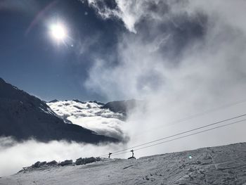 Low angle view of snowcapped mountains against sky