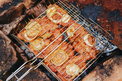 Delicious grilled meat with onions and spices on barbecue.