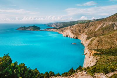 Scenic view of sea and cliff against sky