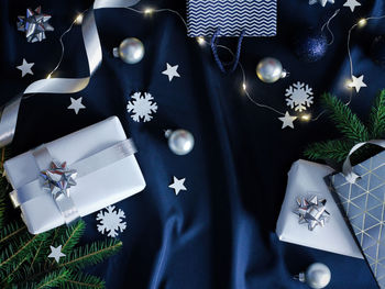 High angle view of christmas decorations on table