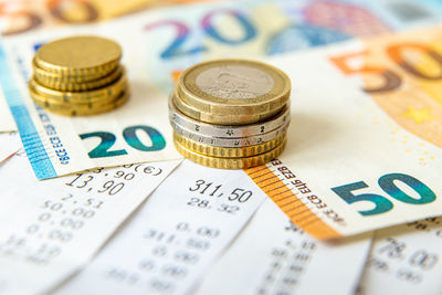 Close-up of coins on table