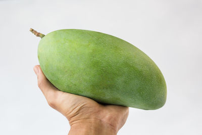 Close-up of hand holding apple against white background