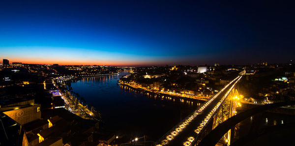 High angle view of illuminated city at night
