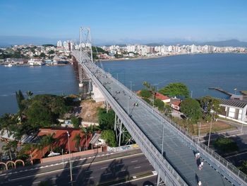 High angle view of bridge and cityscape against sky