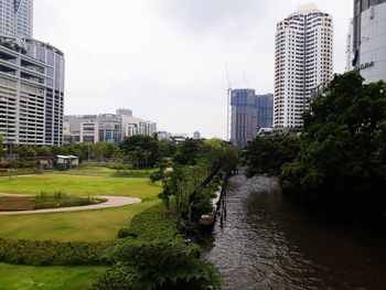 Trees and buildings in city against sky