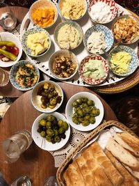 High angle view of food served on table