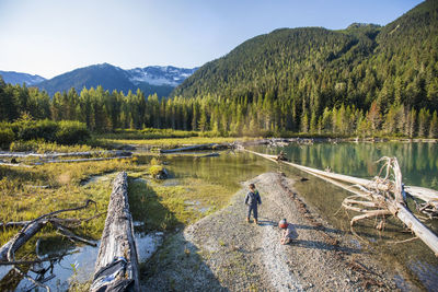 Two boys play and explore on a remote beach in the wilderness.