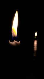 Close-up of lit candle in darkroom