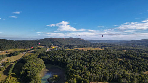 High angle view of hot air balloon festival against sky