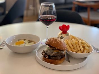 Close-up of breakfast served on table