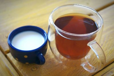 High angle view of milk and tea on wooden table