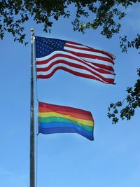 Low angle view of flag against clear blue sky