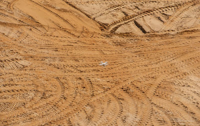 High angle view of tire tracks on desert