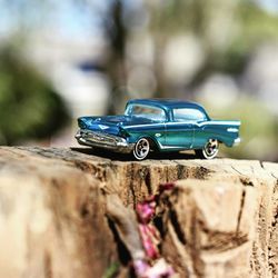 Close-up of toy car on rock