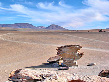 Scenic view of desert land against sky
