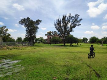 Tractor on field against sky