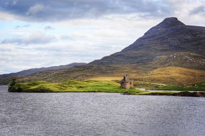 Scenic view of lake against cloudy sky