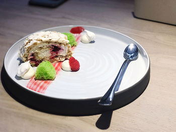 High angle view of dessert in plate on table