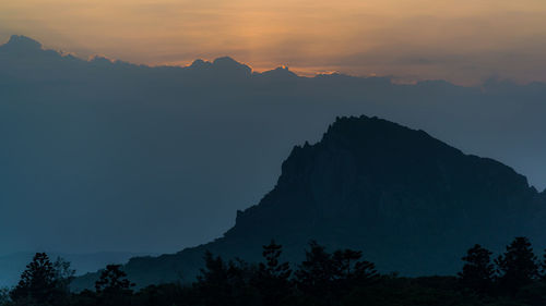 Scenic view of silhouette mountains against sky at sunset