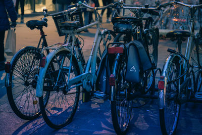 Bicycles parked on footpath in city