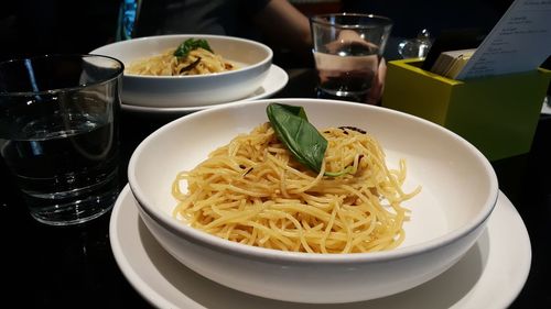 High angle view of noodles served on table