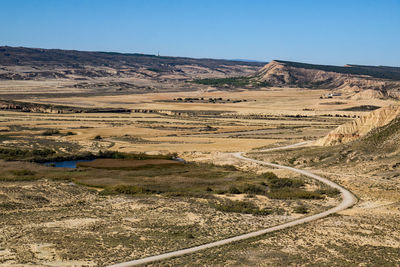 Scenic view of desert against clear blue sky