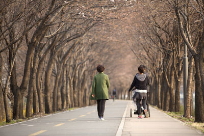 Rear view of man walking on road