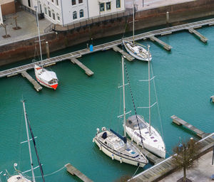 High angle view of ship moored at harbor