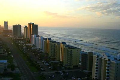 View of cityscape at sunset