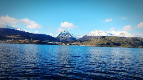 Snow covered andes mountain range, beagle channel, ushuaia