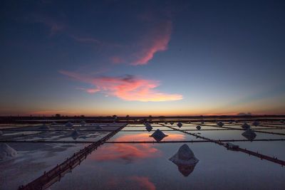 Salt evaporation pond against sky