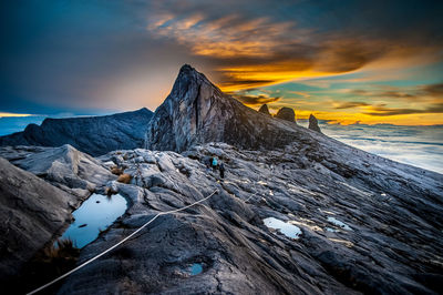Scenic view of snowcapped mountain against sky during sunset