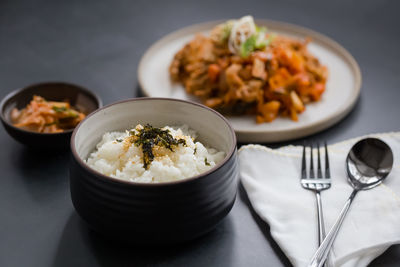 Close-up of food served on table