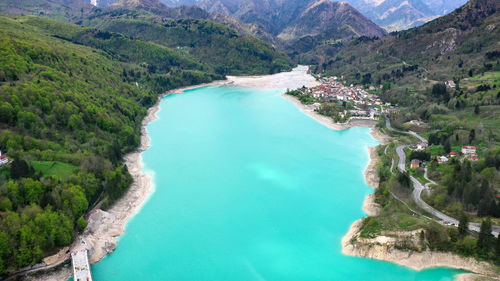 Barcis lake in a panoramic aerial view from above  at valcellina-pordenone on dolomites