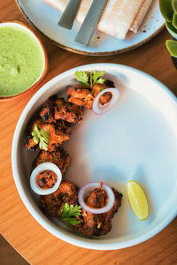 High angle view of food in plate on table