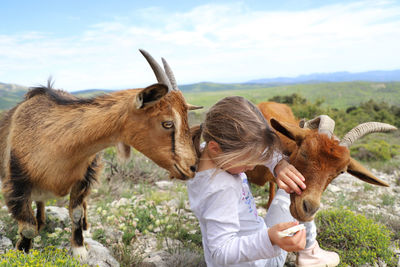 Girl sitting with goats against landscape