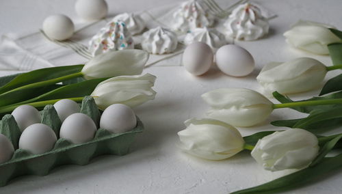 High angle view of eggs in plate on table