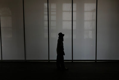 Side view of silhouette person standing against window