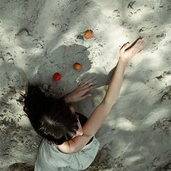 High angle view of woman standing on sand at beach with apricots