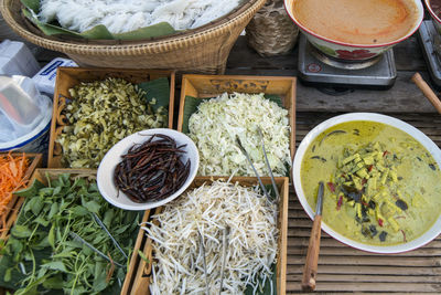 High angle view of breakfast on table