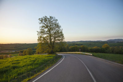 Road by trees on field against sky at sunset