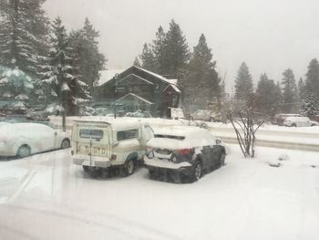 Close-up of snow covered car against trees